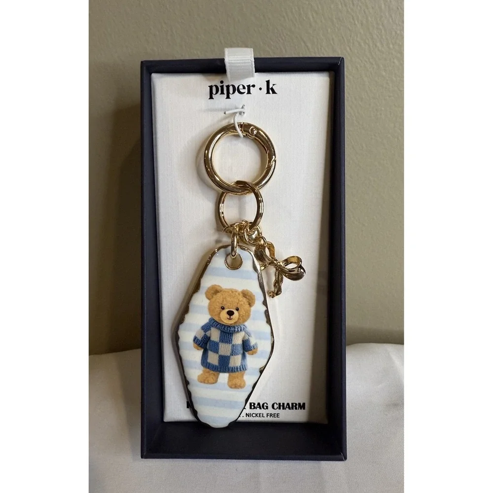 Piper K Gold Striped Teddy Bear Bow Purse Bag Charm & Key Chain Viral TikTok NIB